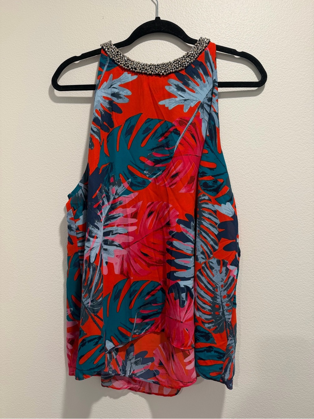 Jennifer Lopez Red Tropical Beaded-Neck Halter Top